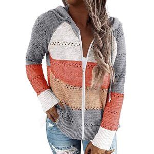 Striped Color Block Sweater, Zip Up Hoodie